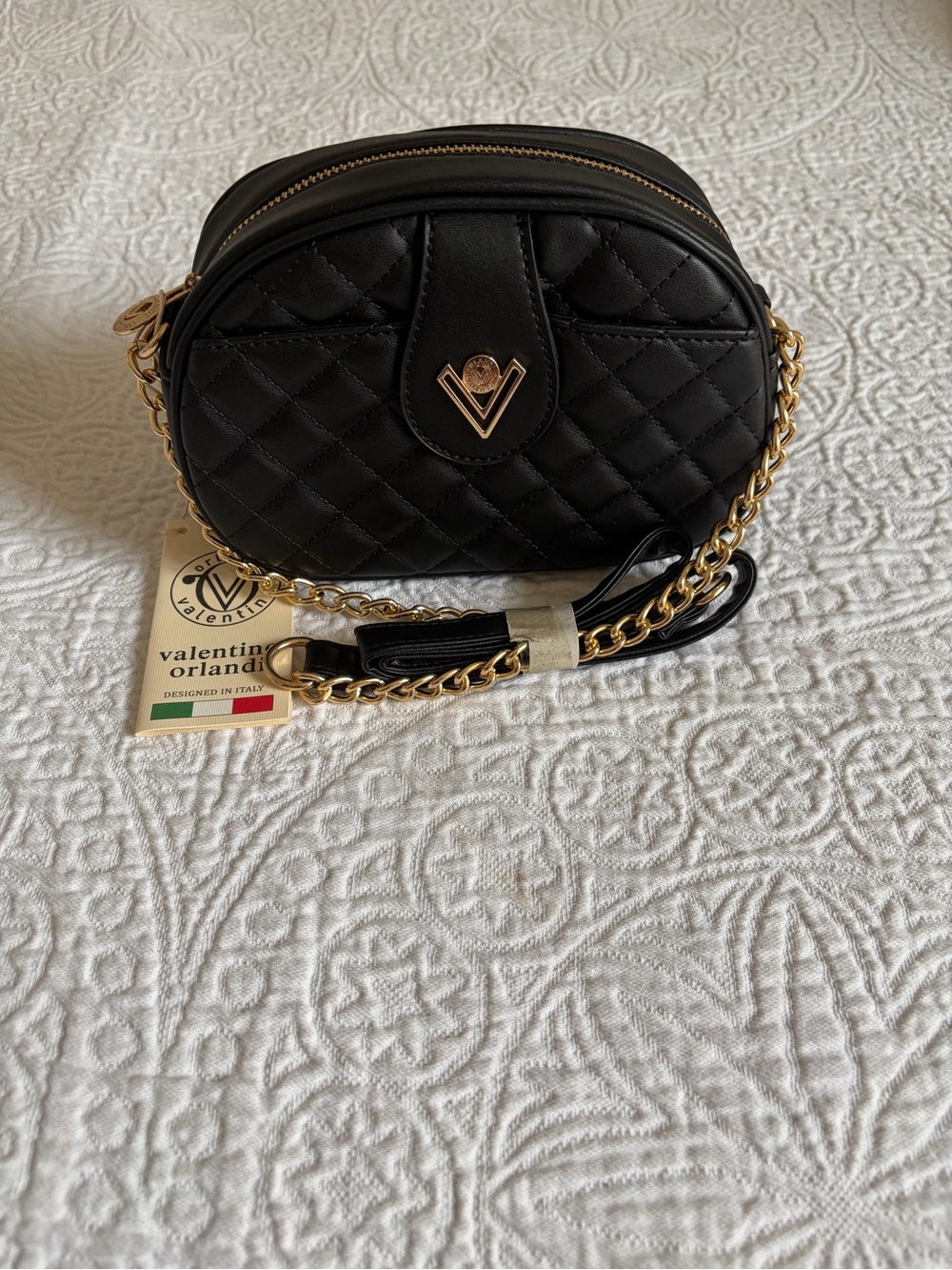 NWT Valentino Orlandi Black Quilted Crossbody Camera Bag with Gold Chain Strap